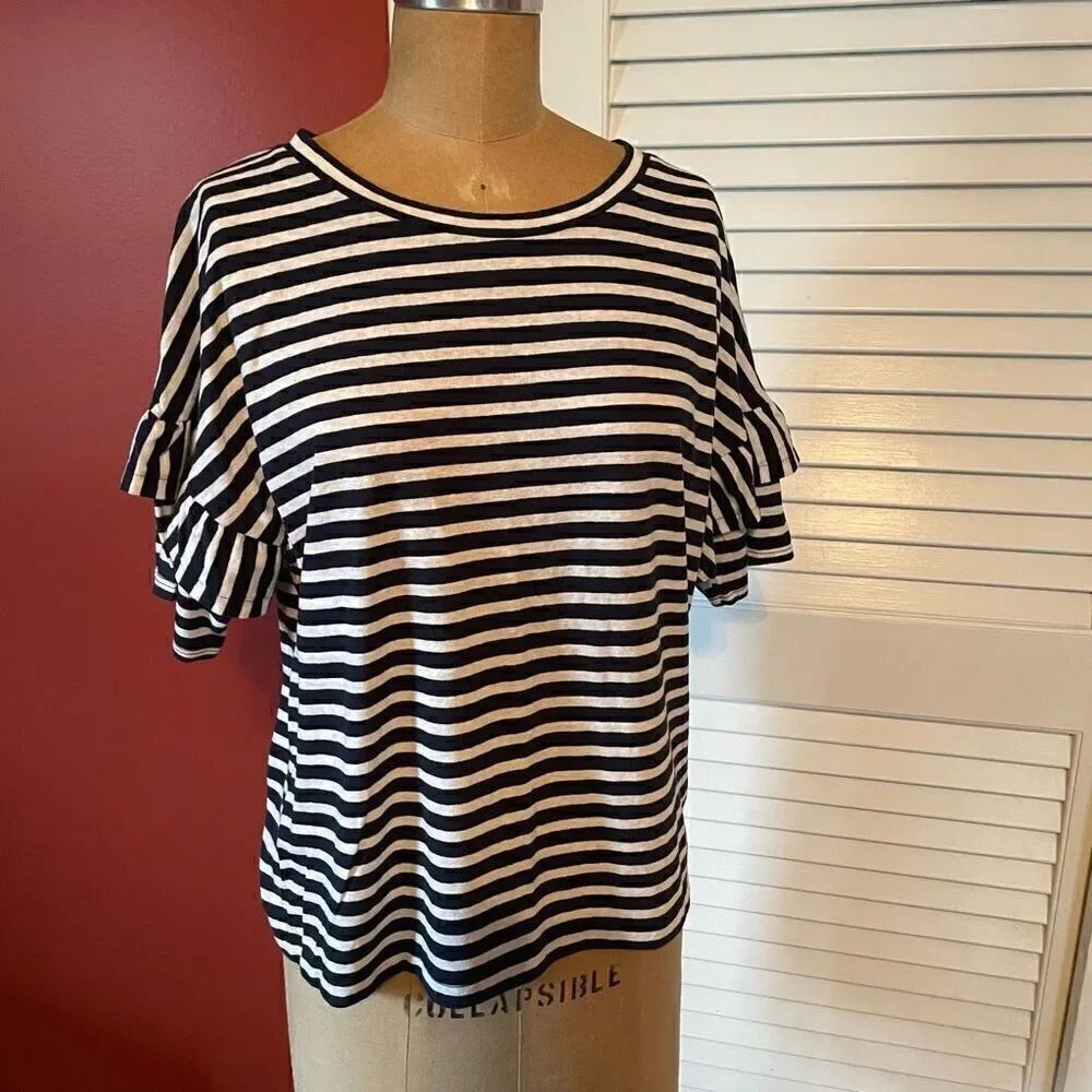 J CREW | navy & white stripe ruffle sleeve blouse S